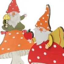 Article Décoration en Bois Automnale - Champignons avec Lutins, Lot de 4, H21/19,5 cm