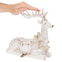 Article Décoration Figurine Cerf Assis avec Bois 30 cm Blanc en Résine