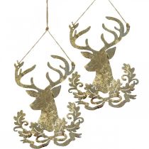 Article Renne à suspendre, décoration de Noël, tête de cerf, pendentif métal doré aspect antique H23cm 2pcs