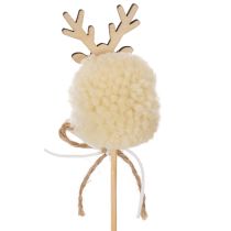 Article Lot de 12 piques décoratives renne en bois, tissu et pompon, 24 cm, marron, beige et blanc