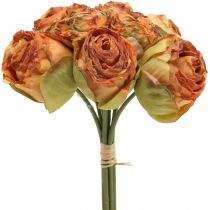 Article Bouquet de roses, fleurs en soie, roses artificielles orange, aspect antique L23cm 8pcs