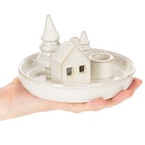 Article Porte-bougie décoratif en céramique avec maison et arbres, 16 cm