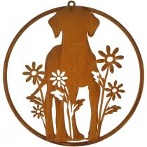 Plaque en métal patine chien avec fleurs Ø38cm