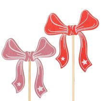 Article Lot de 12 nœuds décoratifs sur piquet en bois 32 cm rouge et rose