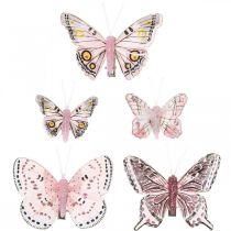 Papillons déco avec pince, papillons en plumes roses 4,5-8cm 10p