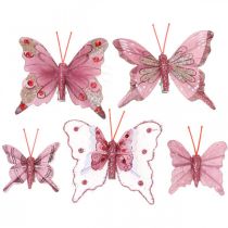 Papillons déco avec pince, papillons en plumes rose 4,5–8cm 10pcs