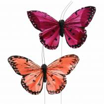 Papillon plume avec fil couleur saumon et violet 10cm 12 pièces