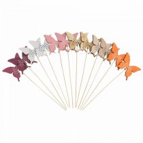 Article Set de 12 Décorations Papillon en Bois sur Pique – Multicolores – 9 cm/29 cm