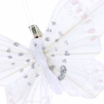 Papillon plume sur clip blanc 10cm 12 p