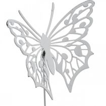 Bouchon fleur papillon, décoration jardin métal, bouchon plante shabby chic blanc, argent L51cm 3pcs