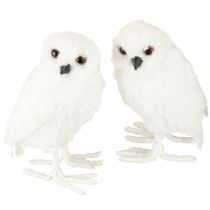 Article Chouette des neiges décorative blanche avec fourrure et plumes 15,5 cm 2 pièces
