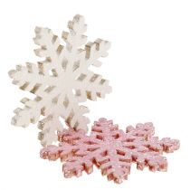 Article Flocons de Neige en Bois 4 cm Rose et Blanc avec Paillettes - Lot de 72