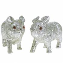 Cochon déco Argent avec paillettes 10cm 8pcs