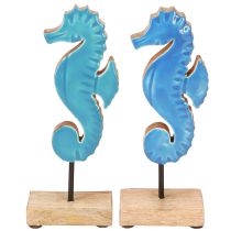 Article Hippocampe décoratif en bois bleu naturel maritime H21cm 2pcs