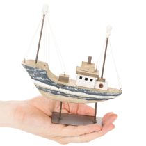 Article Bateau décoratif en bois sur socle métallisé, 20 cm
