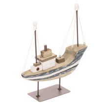 Article Bateau décoratif en bois sur socle métallisé, 20 cm