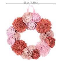 Article Couronne suspendue avec fleurs roses en bois de Sola - Décoration intérieure 25 cm