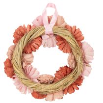 Article Couronne suspendue avec fleurs roses en bois de Sola - Décoration intérieure 25 cm