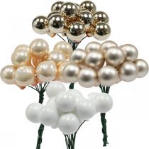 Article Mini boules de Noël sur fil doré, crème Ø1,5cm 140pcs
