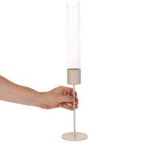 Article Photophore avec cylindre en verre et base en métal 50 cm taupe