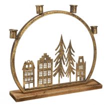 Article Bougeoir bâton Noël rangée de maisons or antique 36×32cm