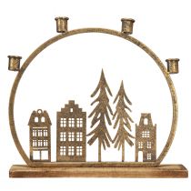 Article Bougeoir bâton Noël rangée de maisons or antique 36×32cm