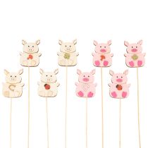 Article Décorations sur tiges en bois motif cochon 31 cm, set de 16