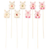 Article Décorations sur tiges en bois motif cochon 31 cm, set de 16