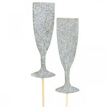 Verre à champagne décoration Nouvel An bouchon fleur argent 9cm 18pcs