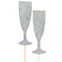 Article Verre à champagne décoration Nouvel An bouchon fleur argent 9cm 18pcs