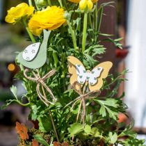 Plug oiseau papillon, décoration bois, plug végétal décoration printemps vert, jaune L24/25cm 12pcs