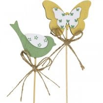 Plug oiseau papillon, décoration bois, plug végétal décoration printemps vert, jaune L24/25cm 12pcs