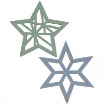 Article Déco étoiles bois bleu, vert étoiles bois Noël 4cm mix 36pcs