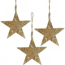 Article Étoile en bois de manguier nature, étoile en bois doré Noël 19,5cm 3pcs