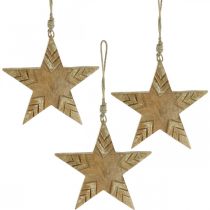 Article Étoile en bois de manguier naturel, étoile en bois doré Noël 19,5 cm 3 pcs