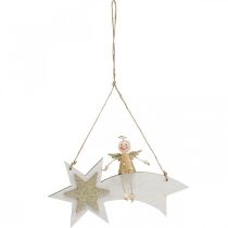 Article Ange sur étoile filante, Décoration de Noël à accrocher, Blanc de l'Avent, Doré H13cm L21.5cm 2pcs