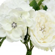 Article Bouquet décoratif blanc avec perles et strass 29 cm