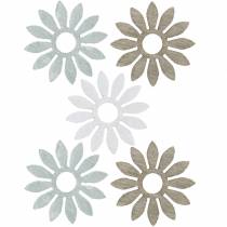décorations à épandre fleur marron, gris clair, fleurs en bois blanc à disperser 144p