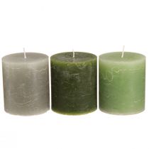 Article Bougies piliers uni 3 couleurs vert 70×80mm 12 pcs