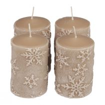 Bougies piliers bougies beiges flocons de neige 100/65mm 4pcs
