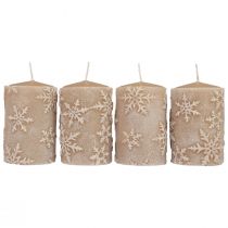 Bougies piliers bougies beiges flocons de neige 100/65mm 4pcs