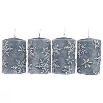 Bougies piliers bougies bleues flocons de neige 100/65mm 4pcs