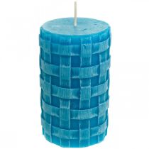 Article Bougies pilier rustique, bougies motif panier, bougies cire turquoise 110/65 2pcs