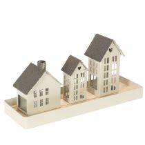Article Ensemble de maisons en métal sur plateau, 3 pièces, 35 cm, gris