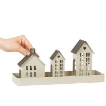 Article Ensemble de maisons en métal sur plateau, 3 pièces, 35 cm, gris