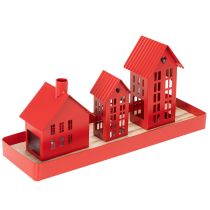 Article Set de Photophores Maisons en Métal Rouge sur Plateau 35 cm
