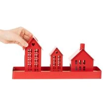 Article Set de trois photophores maisons en métal rouge avec plateau, 35 cm