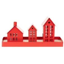 Article Set de trois photophores maisons en métal rouge avec plateau, 35 cm