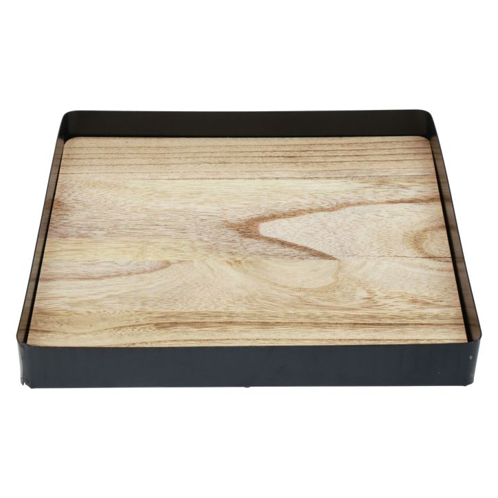 Article Plateau décoratif métal bois carré noir naturel 25,5×25,5×4cm