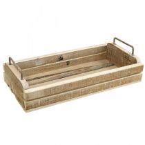 Plateau en bois avec poignées en métal, jardinière blanchie à la chaux L40cm